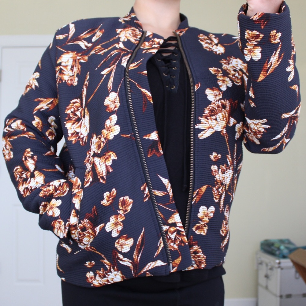 H&M Navy & Floral Bomber Style Jacket